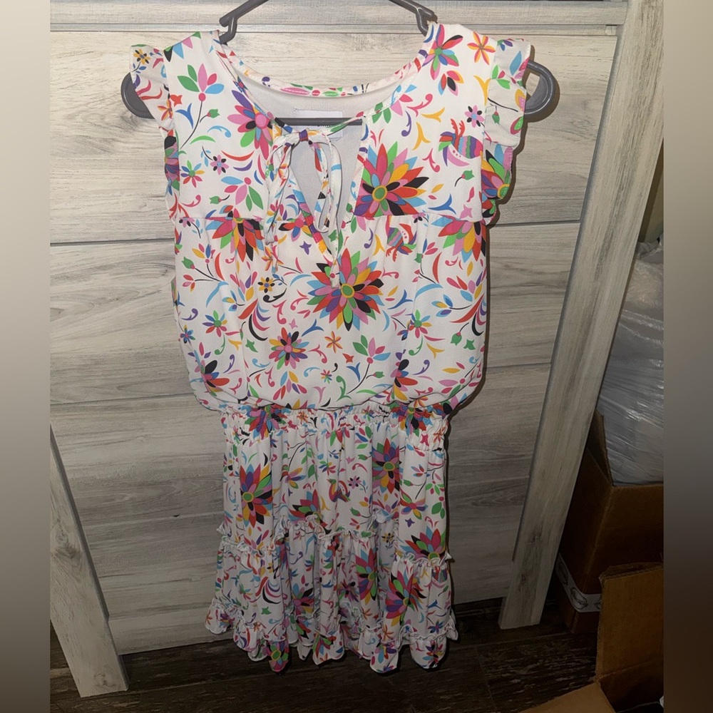 Adrienne Colorful Floral Dress with ruffle details and tie neck
